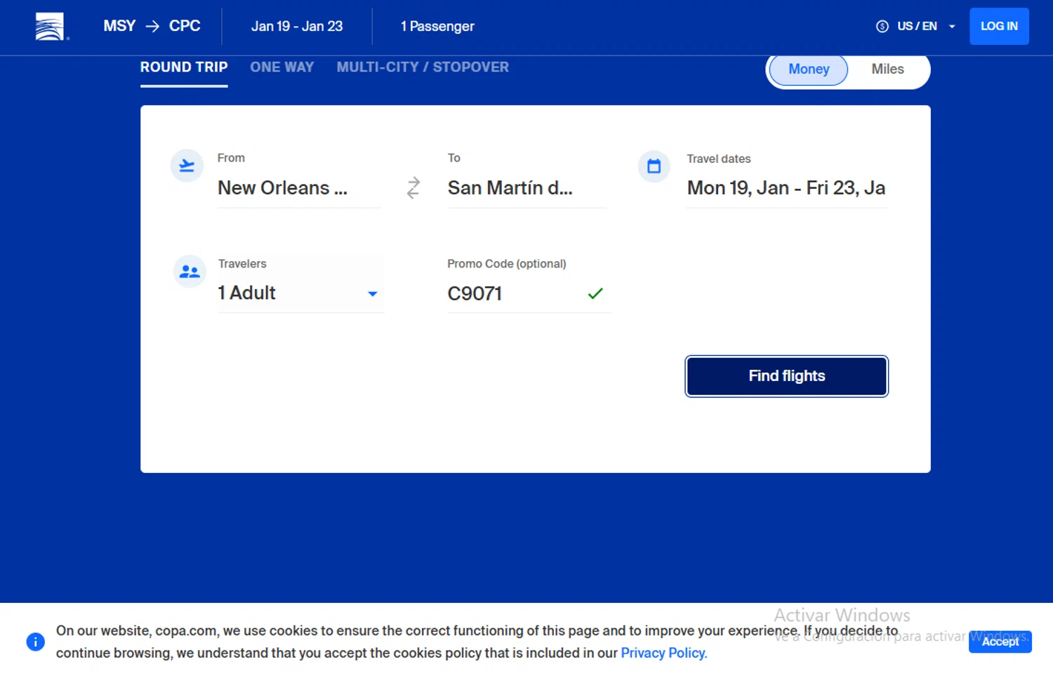 Copa Airlines checkout page showing Copa Airlines promo code box | Screenshot taken by SimplyCodes community member on Jan 18, 2026