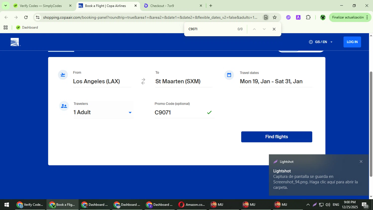 Copa Airlines promo code screenshot showing code C9071 applied at Copa Airlines checkout page. Uploaded by SimplyCodes community member MaitoGai on Dec 26, 2025