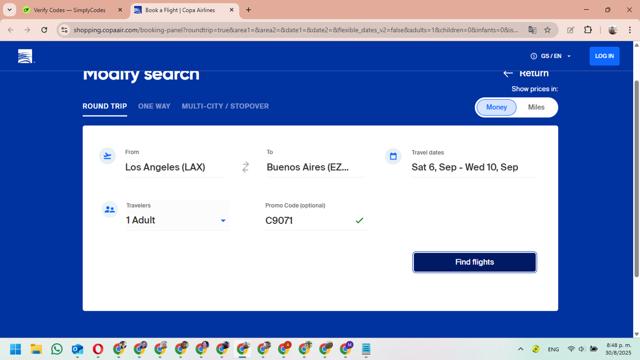 Copa Airlines checkout page showing Copa Airlines promo code box | Screenshot taken by SimplyCodes community member on Aug 31, 2025