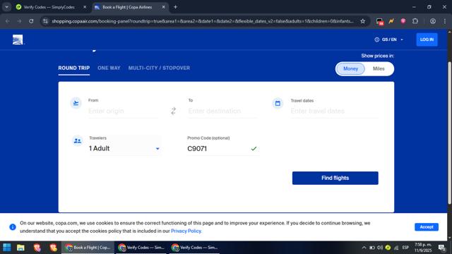Copa Airlines checkout page showing Copa Airlines promo code box | Screenshot taken by SimplyCodes community member on Sep 11, 2025