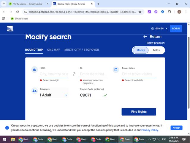 Copa Airlines checkout page showing Copa Airlines promo code box | Screenshot taken by SimplyCodes community member on Sep 11, 2025