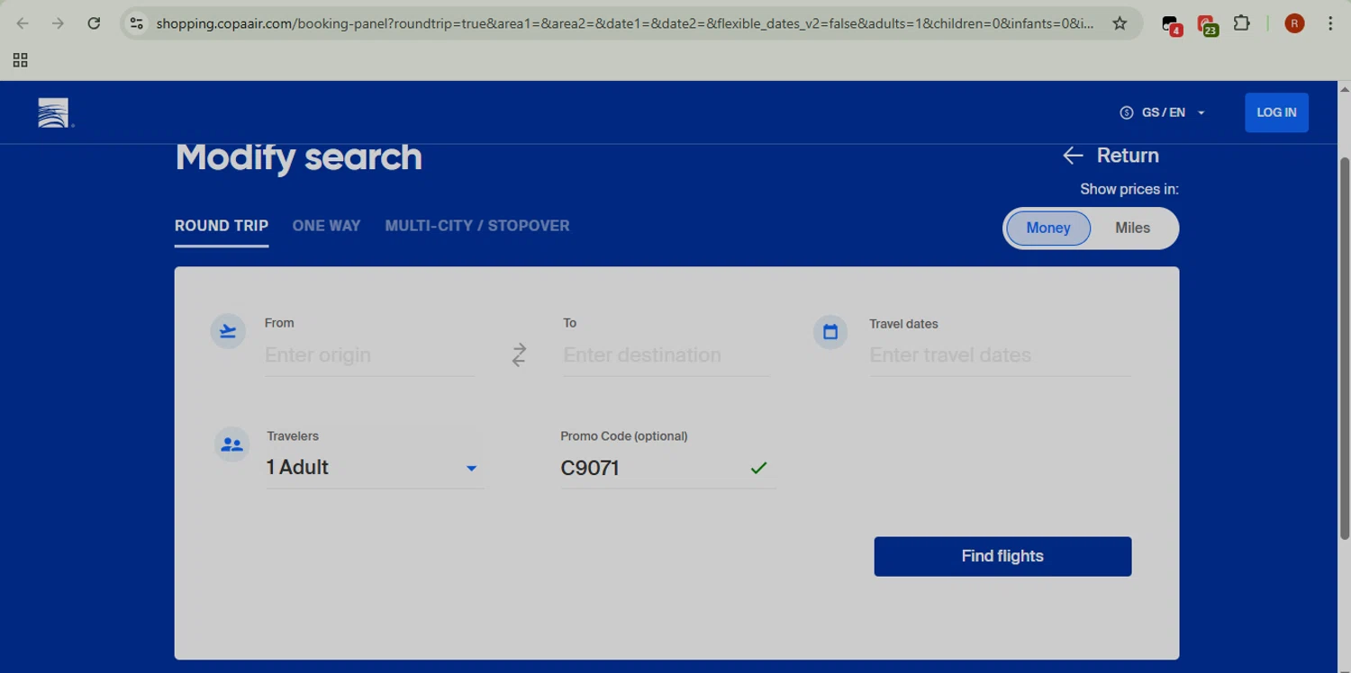 Copa Airlines promo code screenshot showing code C9071 applied at Copa Airlines checkout page. Uploaded by SimplyCodes community member ShieldMonarch1065 on Dec 17, 2025