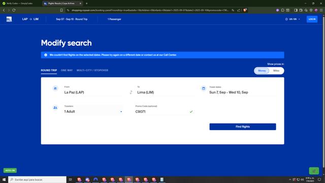 Copa Airlines checkout page showing Copa Airlines promo code box | Screenshot taken by SimplyCodes community member on Sep 7, 2025