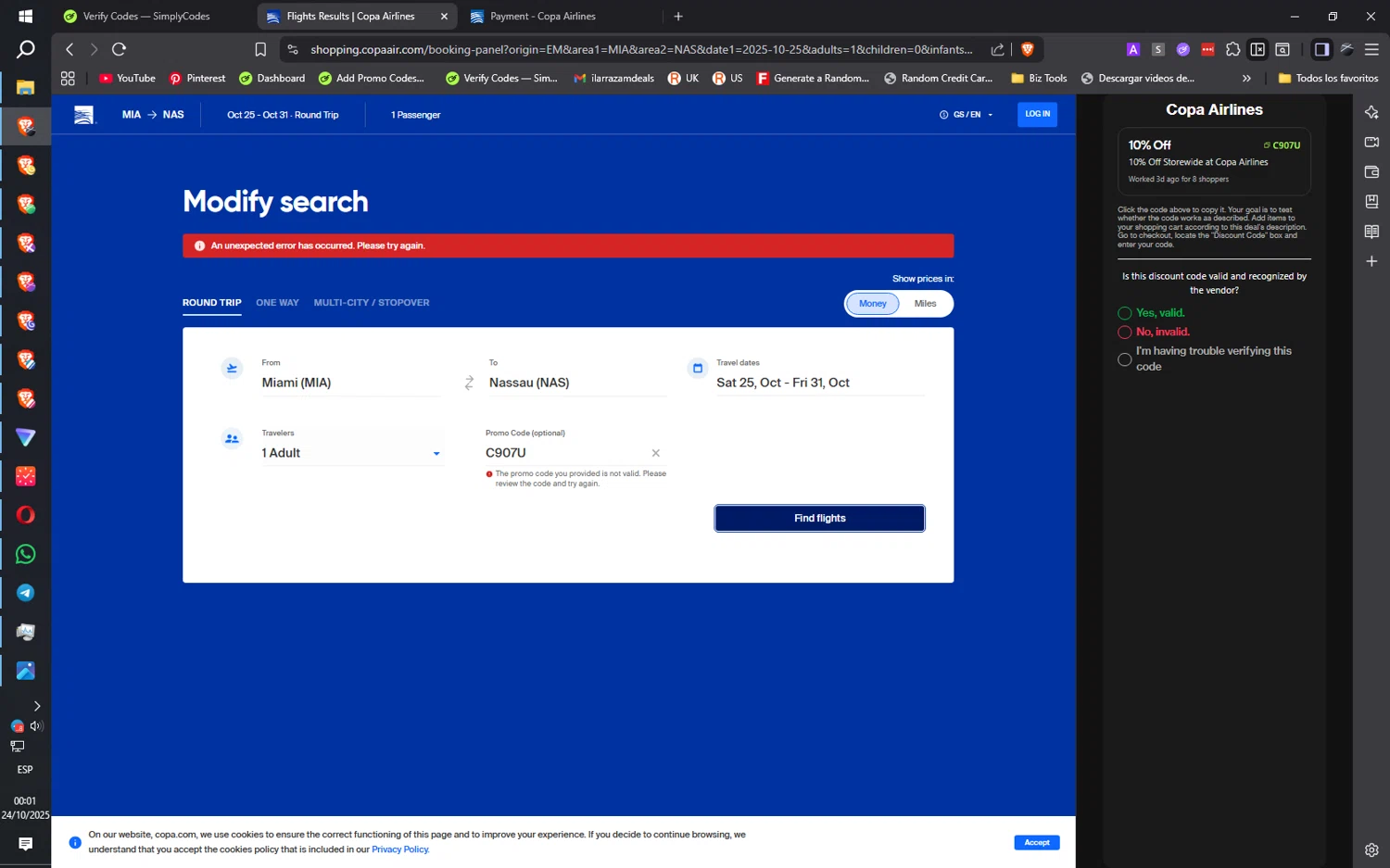 Copa Airlines promo code screenshot showing code C907u applied at Copa Airlines checkout page. Uploaded by SimplyCodes community member ilarrazaM1 on Oct 24, 2025
