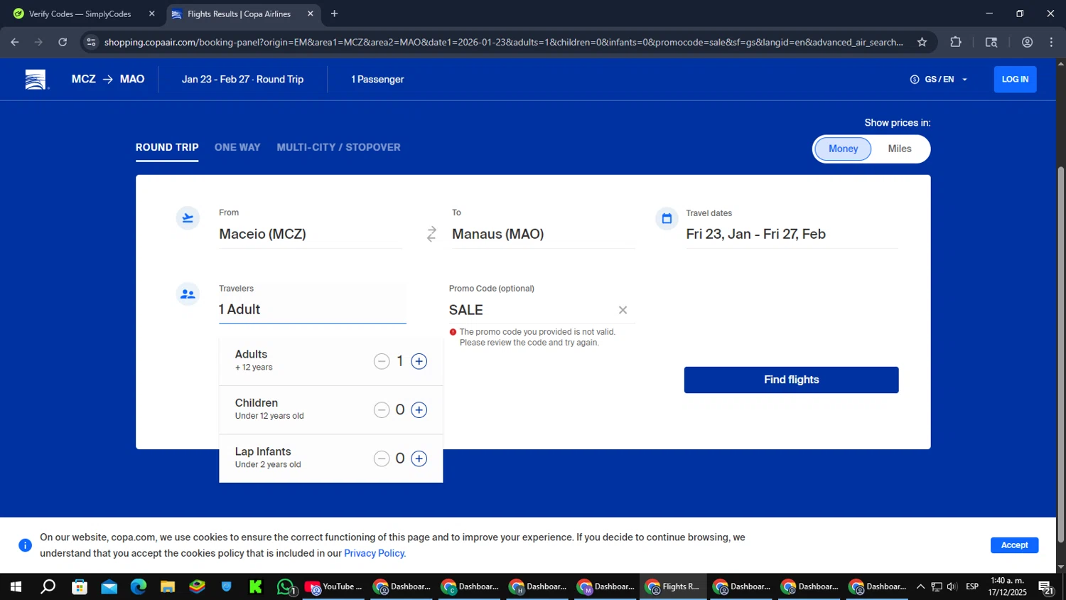 Copa Airlines promo code screenshot showing code sale applied at Copa Airlines checkout page. Uploaded by SimplyCodes community member SmartMaverick5327 on Dec 17, 2025
