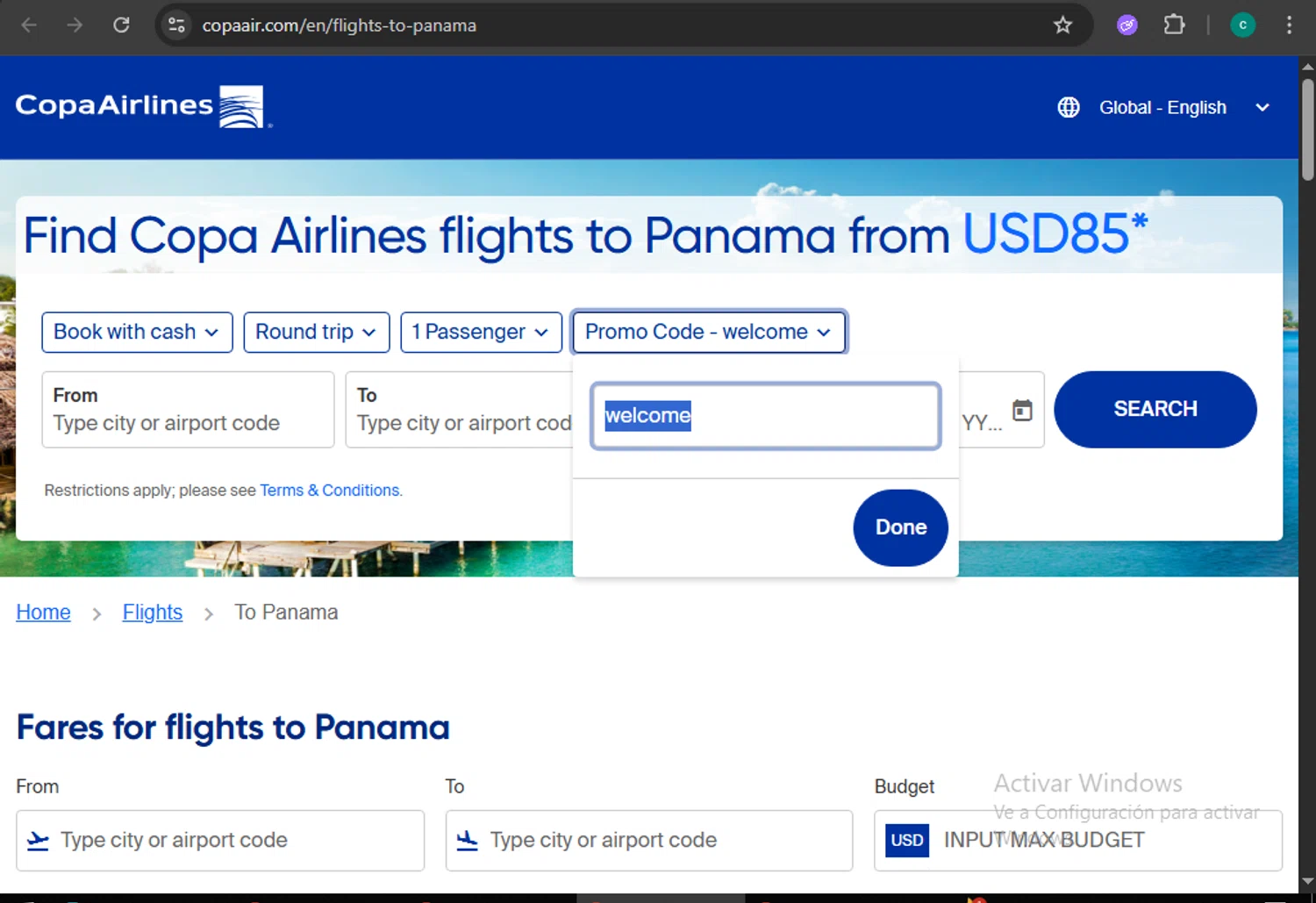 Copa Airlines promo code screenshot showing code welcome applied at Copa Airlines checkout page. Uploaded by SimplyCodes community member WiseMonarch3906 on Dec 1, 2025