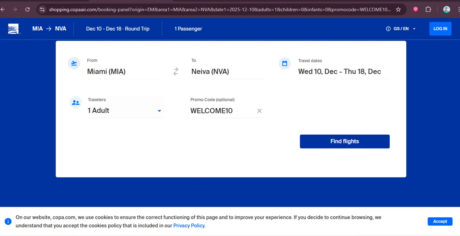 Copa Airlines promo code screenshot showing code WELCOME10 applied at Copa Airlines checkout page. Uploaded by SimplyCodes community member elgatobravo on Dec 2, 2025