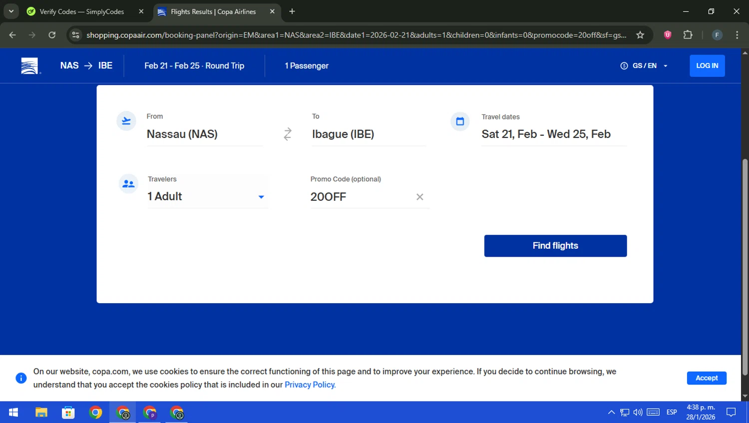 Copa Airlines checkout page showing Copa Airlines promo code box | Screenshot taken by SimplyCodes community member on Jan 28, 2026