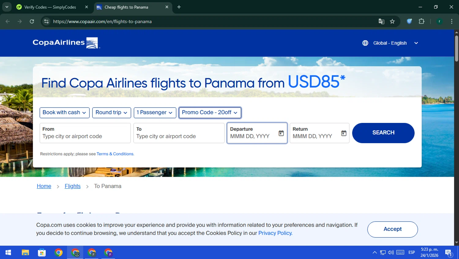 Copa Airlines promo code screenshot showing code 20off applied at Copa Airlines checkout page. Uploaded by SimplyCodes community member rodri1 on Jan 24, 2026
