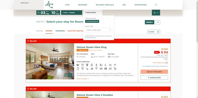 Copamarina Beach Resort & Spa checkout page showing Copamarina Beach Resort & Spa promo code box | Screenshot taken by SimplyCodes community member on Aug 1, 2023