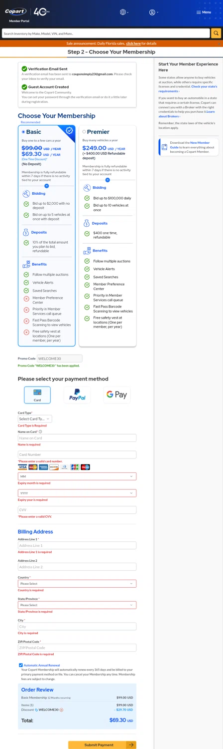 Copart checkout page showing Copart promo code box | Screenshot taken by SimplyCodes community member on Jan 3, 2025