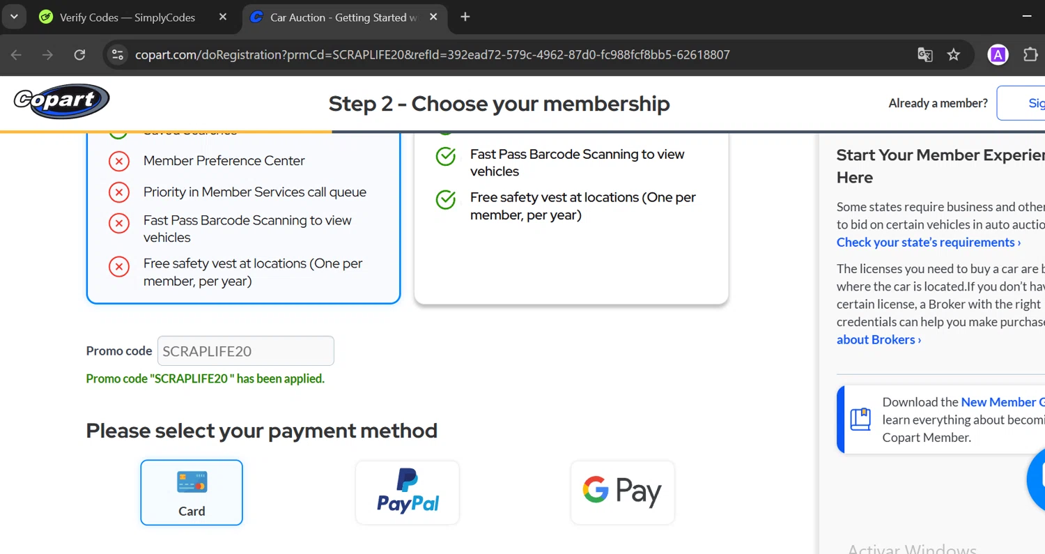 Copart checkout page showing Copart promo code box | Screenshot taken by SimplyCodes community member on Apr 10, 2025