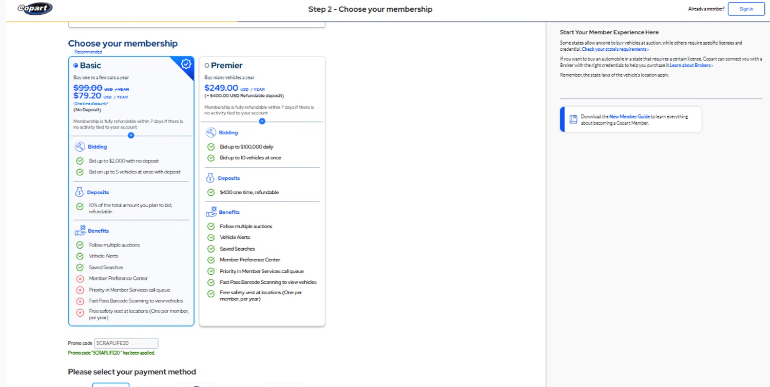 Copart promo code screenshot showing code SCRAPLIFE20 applied at Copart checkout page. Uploaded by SimplyCodes community member SimplyCVerlie on Apr 26, 2025