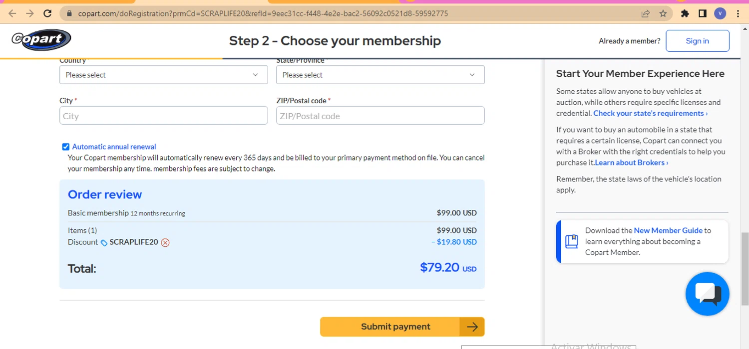 Copart checkout page showing Copart promo code box | Screenshot taken by SimplyCodes community member on Mar 19, 2025