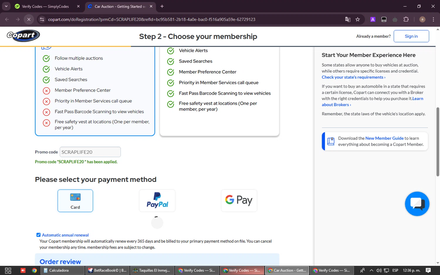 Copart promo code screenshot showing code SCRAPLIFE20 applied at Copart checkout page. Uploaded by SimplyCodes community member CleverFalcon4891 on Apr 14, 2025