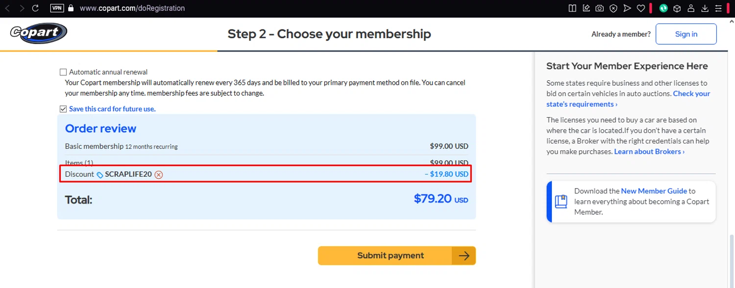 Copart checkout page showing Copart promo code box | Screenshot taken by SimplyCodes community member on Mar 26, 2025