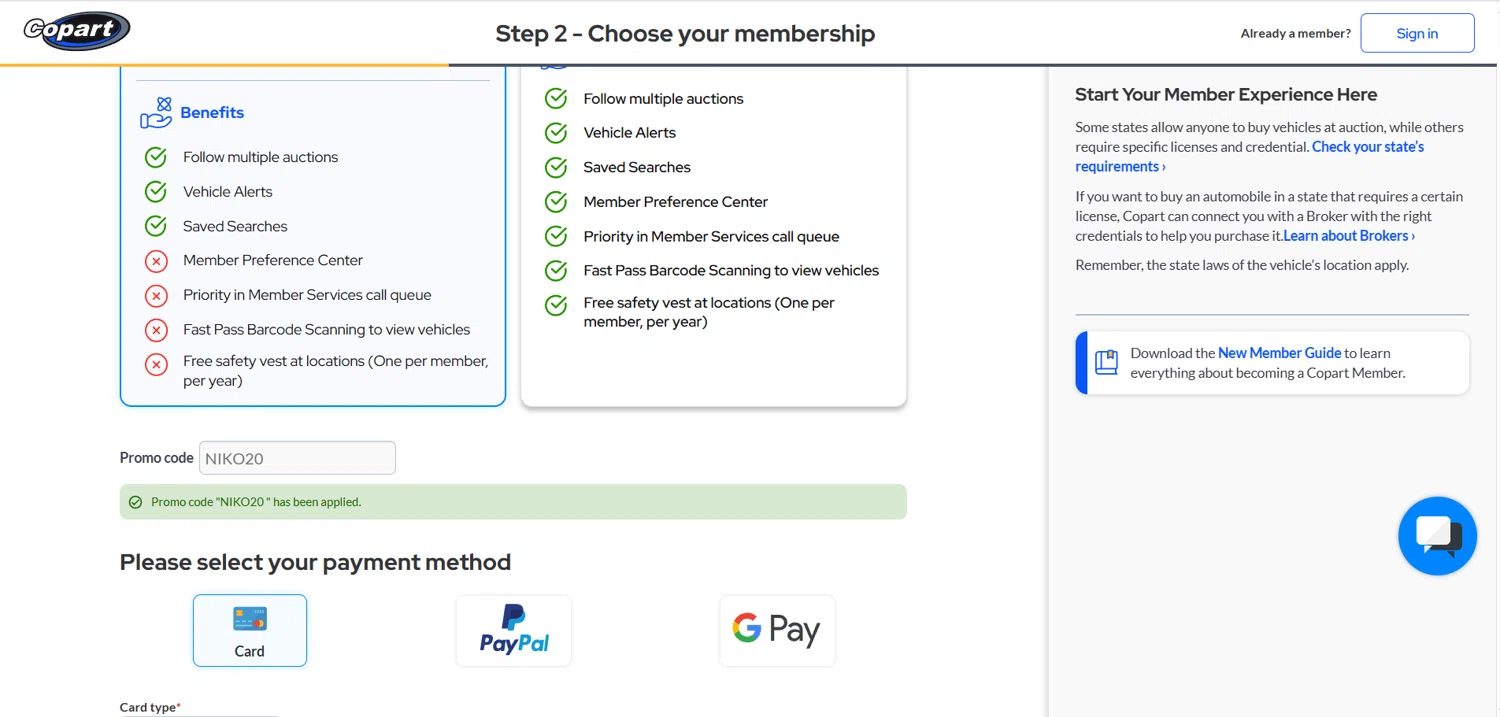Copart promo code screenshot showing code NIKO20 applied at Copart checkout page. Uploaded by SimplyCodes community member HoneyJean on Jun 30, 2025