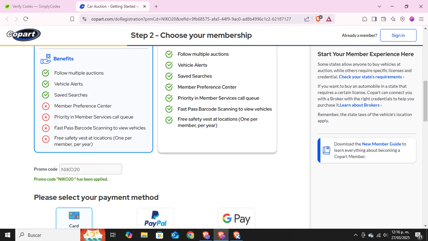 Copart checkout page showing Copart promo code box | Screenshot taken by SimplyCodes community member on Mar 27, 2025