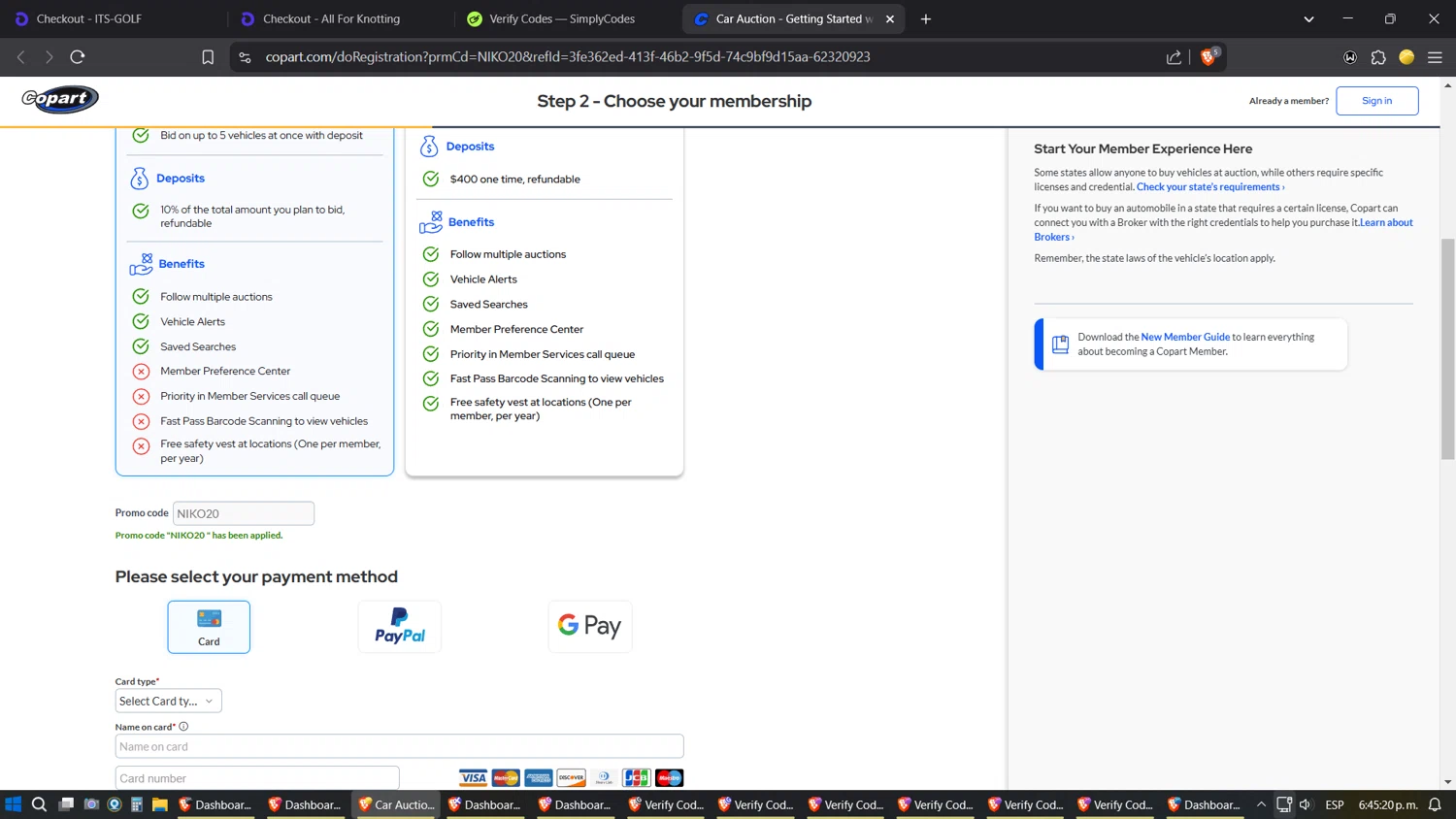 Copart promo code screenshot showing code NIKO20 applied at Copart checkout page. Uploaded by SimplyCodes community member ZoilaPerrita on Mar 31, 2025