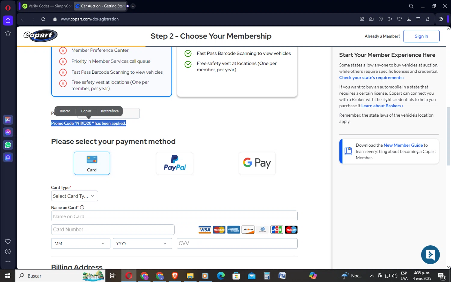 Copart checkout page showing Copart promo code box | Screenshot taken by SimplyCodes community member on Jan 4, 2025