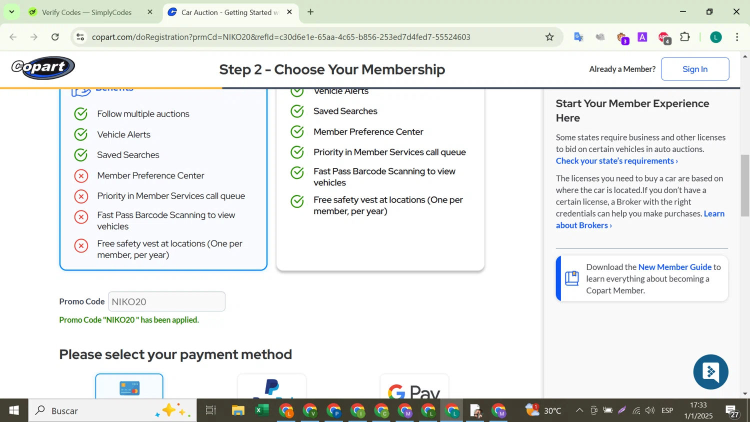 Copart checkout page showing Copart promo code box | Screenshot taken by SimplyCodes community member on Jan 1, 2025