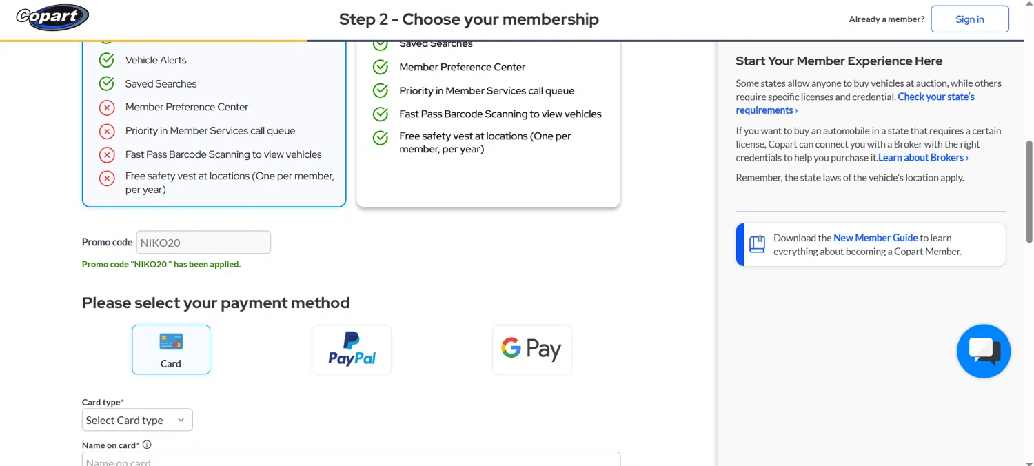 Copart promo code screenshot showing code NIKO20 applied at Copart checkout page. Uploaded by SimplyCodes community member rapiddeals on Apr 26, 2025
