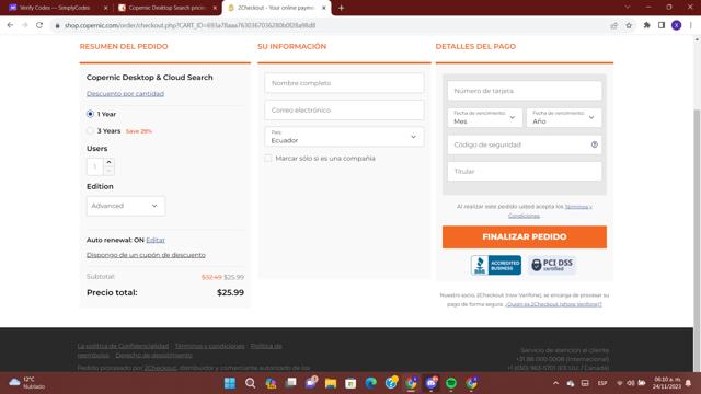 Copernic checkout page showing Copernic coupon code box | Screenshot taken by SimplyCodes community member on Nov 24, 2023
