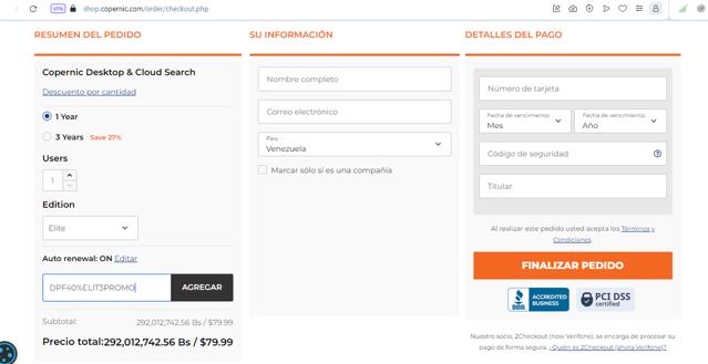 Copernic checkout page showing Copernic coupon code box | Screenshot taken by SimplyCodes community member on May 7, 2024