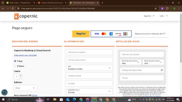 Copernic checkout page showing Copernic coupon code box | Screenshot taken by SimplyCodes community member on Dec 11, 2024