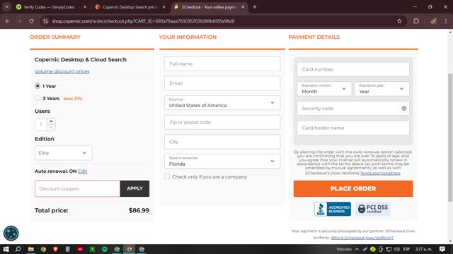Copernic checkout page showing Copernic coupon code box | Screenshot taken by SimplyCodes community member on Mar 1, 2025