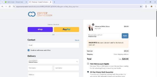 Copper Compression checkout page showing Copper Compression promo code box | Screenshot taken by SimplyCodes community member on Sep 10, 2025