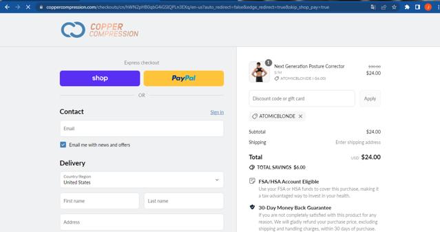 Copper Compression checkout page showing Copper Compression promo code box | Screenshot taken by SimplyCodes community member on Sep 10, 2025