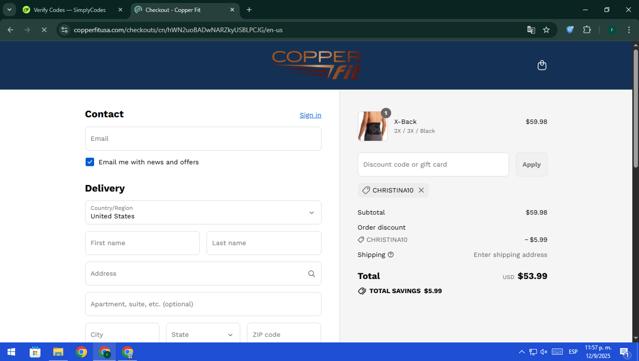 Copperfit checkout page showing Copperfit promo code box | Screenshot taken by SimplyCodes community member on Sep 13, 2025