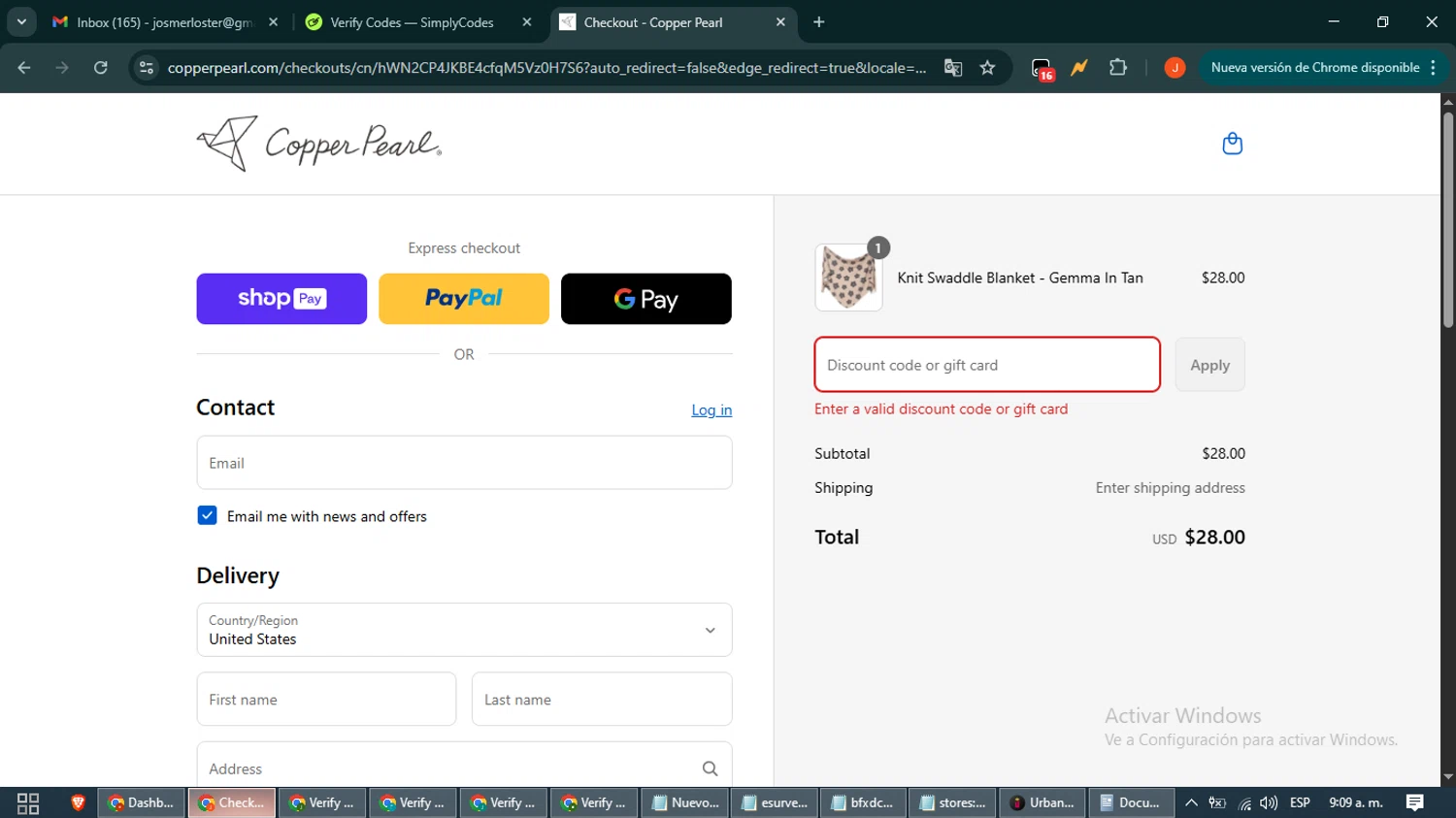 Copper Pearl discount code screenshot showing code PEARL10 applied at Copper Pearl checkout page. Uploaded by SimplyCodes community member NobleAce2304 on Aug 25, 2025