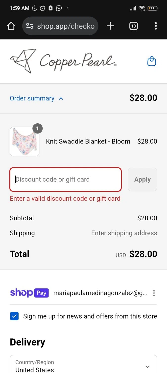 Copper Pearl discount code screenshot showing code PEARL10 applied at Copper Pearl checkout page. Uploaded by SimplyCodes community member PromoMaven605 on Aug 25, 2025