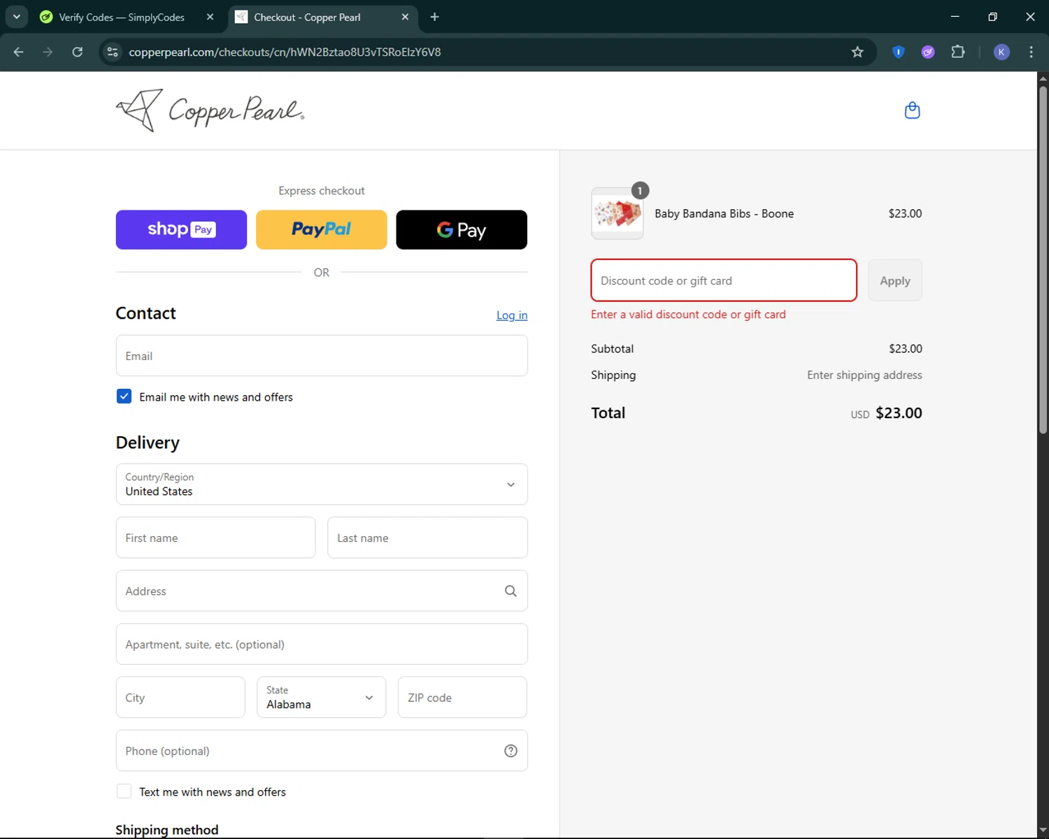 Copper Pearl discount code screenshot showing code SNUGGLE10 applied at Copper Pearl checkout page. Uploaded by SimplyCodes community member KevLapage on Aug 25, 2025