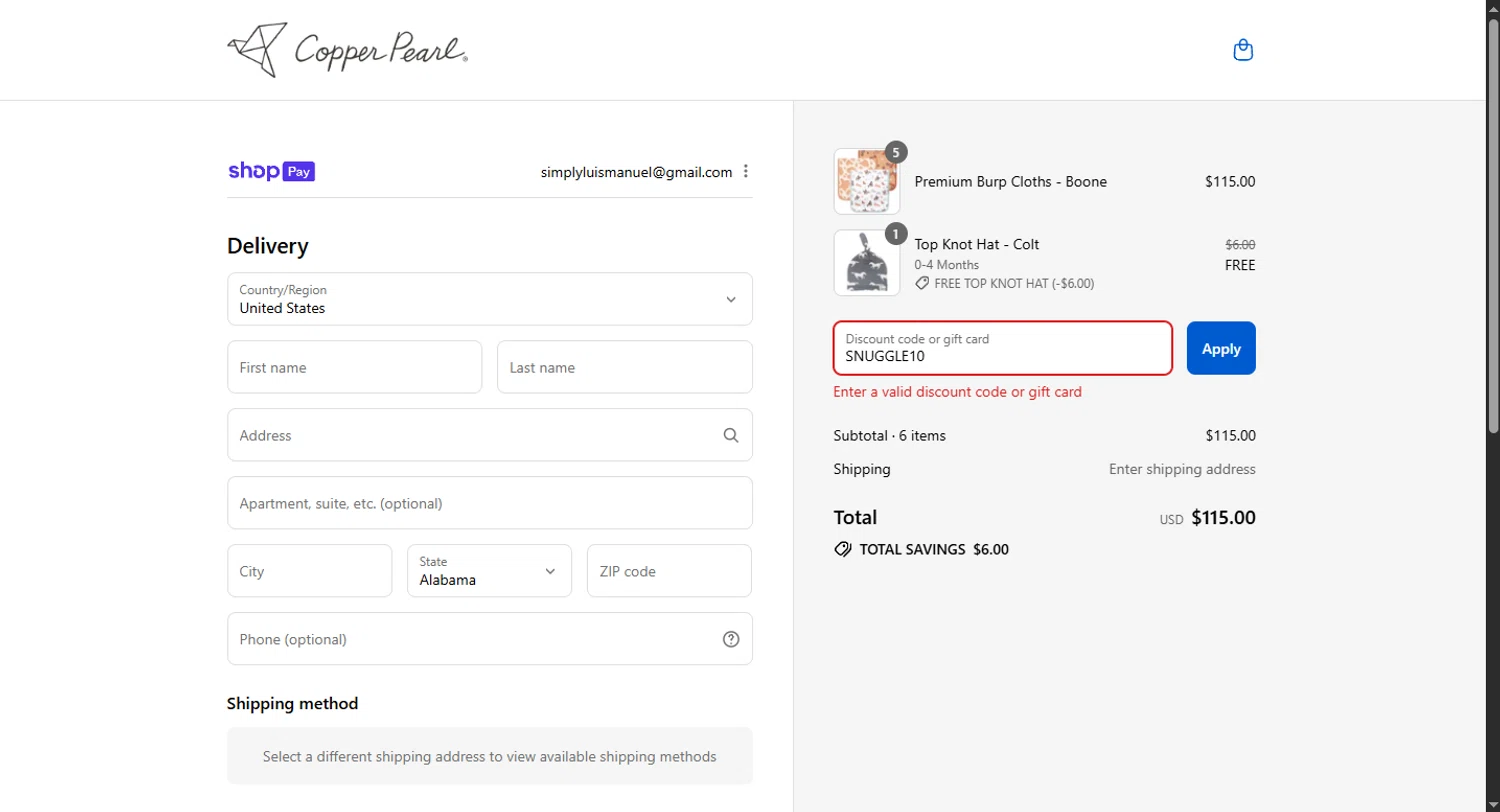 Copper Pearl discount code screenshot showing code SNUGGLE10 applied at Copper Pearl checkout page. Uploaded by SimplyCodes community member WoskalRevenge on Aug 25, 2025