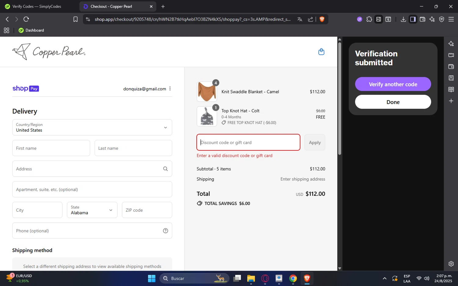 Copper Pearl discount code screenshot showing code NEW10 applied at Copper Pearl checkout page. Uploaded by SimplyCodes community member MonkyDLuffy on Aug 24, 2025