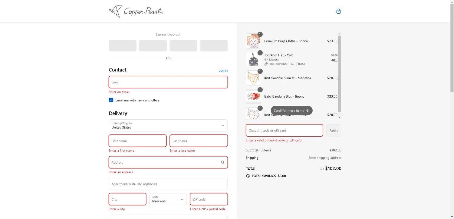 Copper Pearl discount code screenshot showing code NEW10 applied at Copper Pearl checkout page. Uploaded by SimplyCodes community member PromoElite4745 on Aug 24, 2025