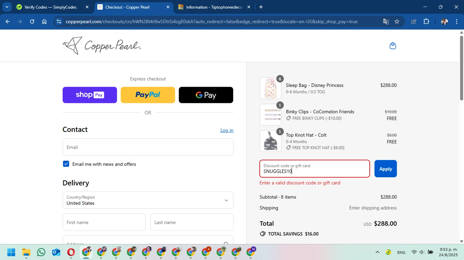 Copper Pearl discount code screenshot showing code SNUGGLES10 applied at Copper Pearl checkout page. Uploaded by SimplyCodes community member DavidMGF on Aug 25, 2025