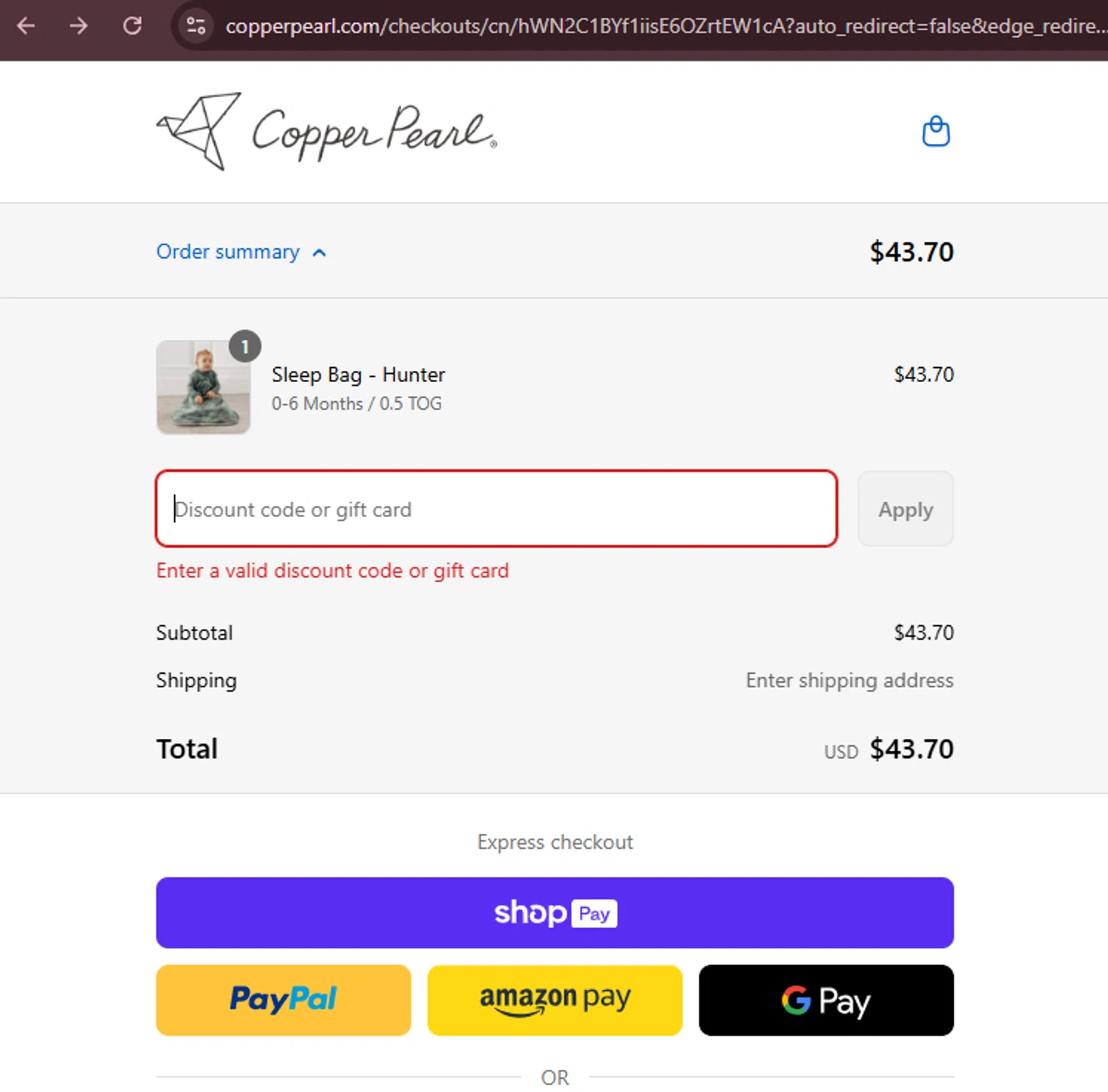 Copper Pearl discount code screenshot showing code SNUGGLES10 applied at Copper Pearl checkout page. Uploaded by SimplyCodes community member FortunateMaven6799 on Aug 25, 2025