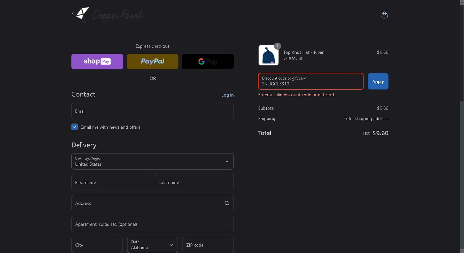 Copper Pearl discount code screenshot showing code SNUGGLES10 applied at Copper Pearl checkout page. Uploaded by SimplyCodes community member Parangutirimicuaro on Aug 25, 2025