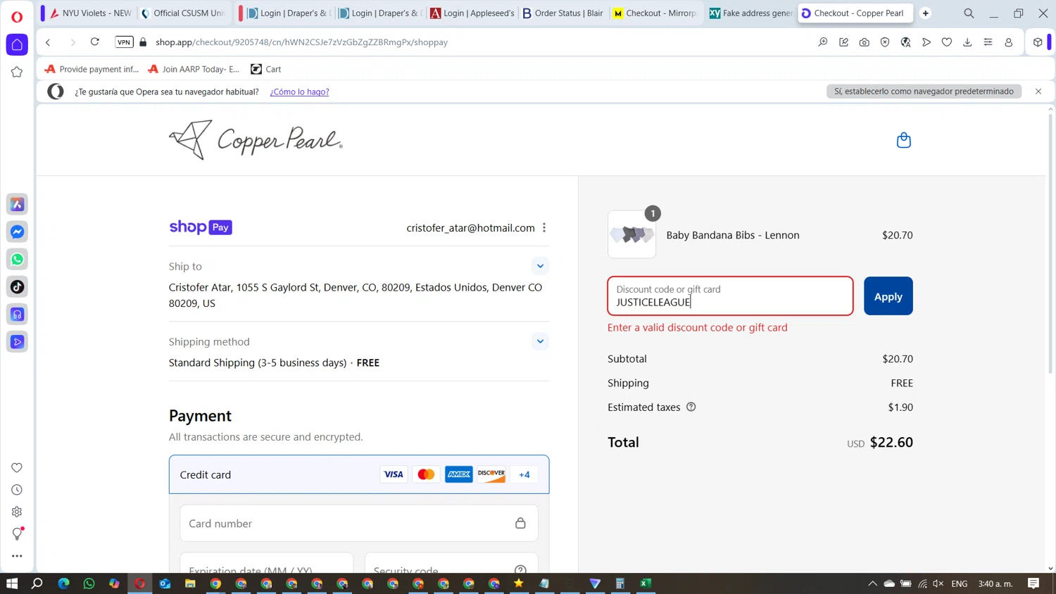 Copper Pearl discount code screenshot showing code JUSTICELEAGUE applied at Copper Pearl checkout page. Uploaded by SimplyCodes community member DavidMGF on Aug 25, 2025