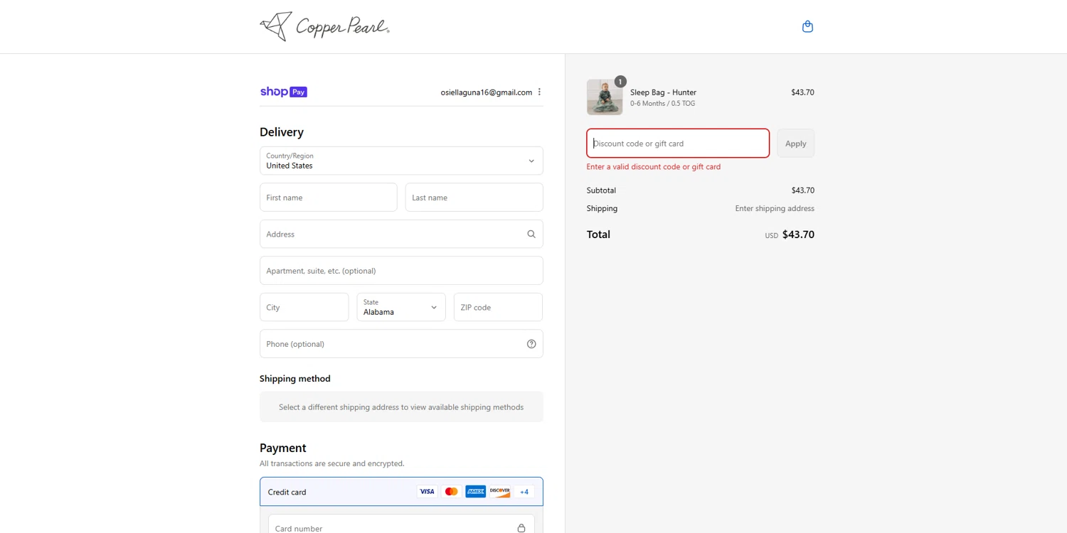 Copper Pearl discount code screenshot showing code HarryPotter applied at Copper Pearl checkout page. Uploaded by SimplyCodes community member Elosox on Aug 25, 2025