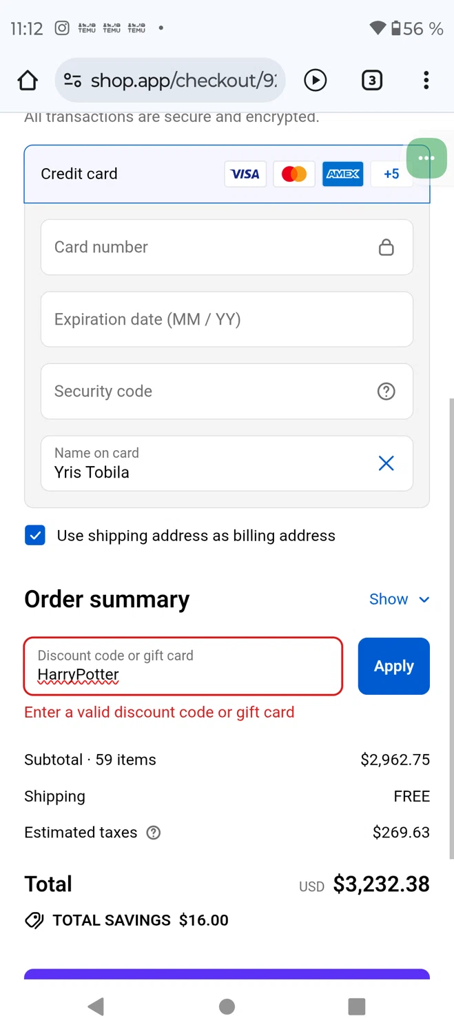 Copper Pearl discount code screenshot showing code HarryPotter applied at Copper Pearl checkout page. Uploaded by SimplyCodes community member MightyTracker6651 on Aug 25, 2025