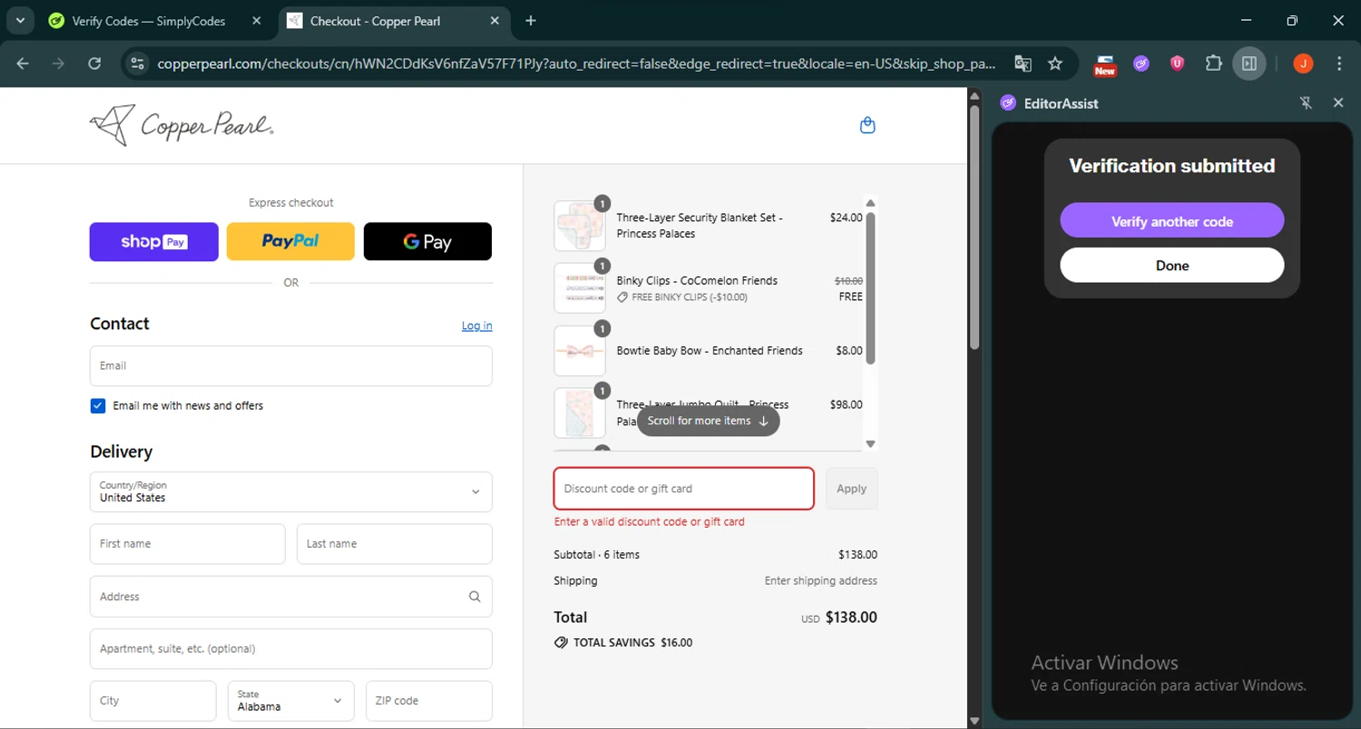 Copper Pearl discount code screenshot showing code HarryPotter applied at Copper Pearl checkout page. Uploaded by SimplyCodes community member SilverRanger658 on Aug 25, 2025