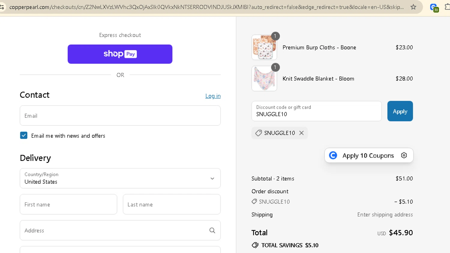Copper Pearl discount code screenshot showing code SNUGGLE10 applied at Copper Pearl checkout page. Uploaded by SimplyCodes community member AMANDA2681 on Jul 4, 2025