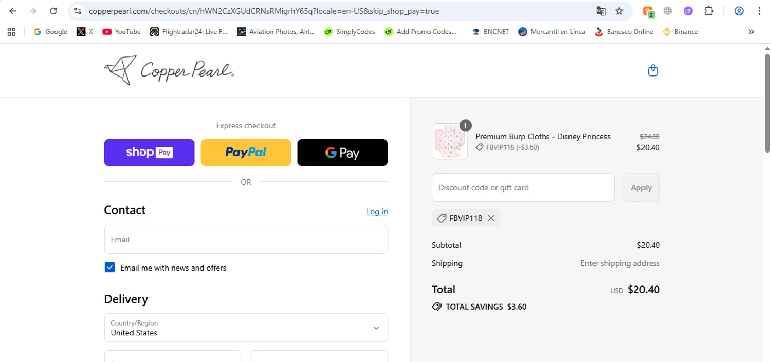 Copper Pearl discount code screenshot showing code FBVIP118 applied at Copper Pearl checkout page. Uploaded by SimplyCodes community member victor on Aug 25, 2025