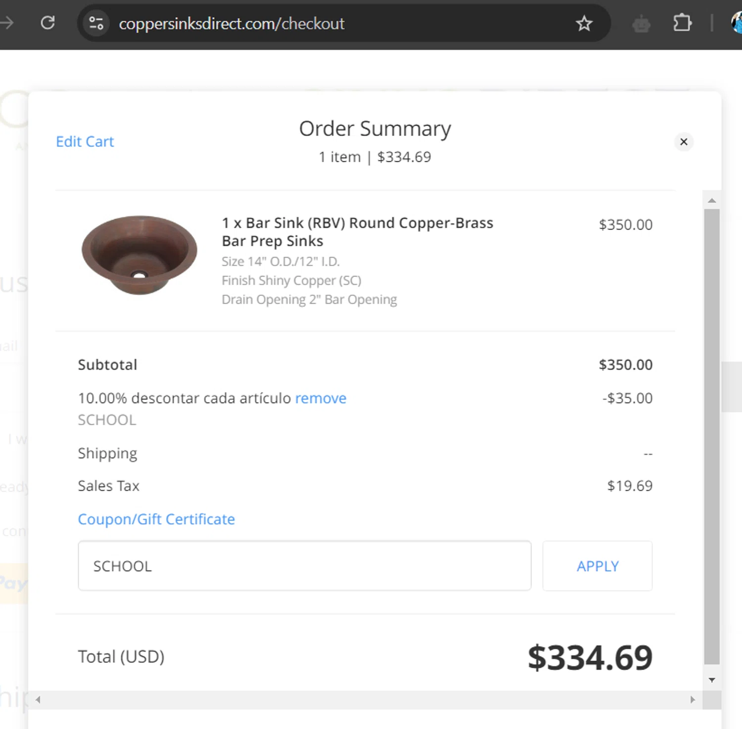 Copper Sinks Direct checkout page showing Copper Sinks Direct coupon code box | Screenshot taken by SimplyCodes community member on Dec 2, 2024