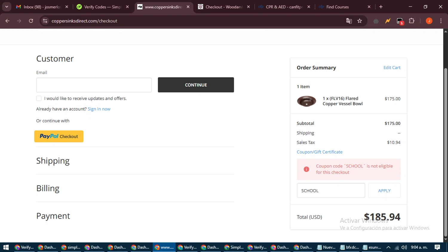Copper Sinks Direct coupon code screenshot showing code SCHOOL applied at Copper Sinks Direct checkout page. Uploaded by SimplyCodes community member NobleAce2304 on May 14, 2025